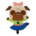Vector cartoon pug. Anthropomorphic dancing dog. Funny pup girl in ballet tutu. Cute animal illustration for kids. Funny little Royalty Free Stock Photo