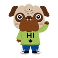 Vector cartoon pug. Anthropomorphic dog saying hi and greeting. Funny pup waving hand. Cute animal illustration for kids. Funny Royalty Free Stock Photo