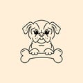 Vector cartoon pug, Pug-dog with a bone, Bulldog line thin icon. Cute puppy