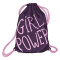 Vector Cartoon Purple Drawstring Bag with Pink Text - Girl Power Royalty Free Stock Photo