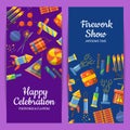 Vector cartoon pyrotechnics vertical flyer templates for party, firework show or pyrotehcnics company