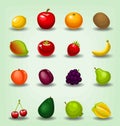 Vector cartoon realistic fruit template collection including lemon apple orange kiwi mango strawberry banana starfruit