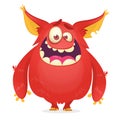 Vector cartoon of a red fat and fluffy Halloween monster with big ears. Funny troll or gremlin character.
