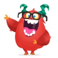 Vector cartoon of a red fat and fluffy Halloween monster with big ears wearing glasses