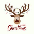 Vector cartoon red nosed reindeer with big horns with electric lights on it. Funny character for christmas and new year cards, Royalty Free Stock Photo