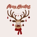Vector cartoon red nosed reindeer with red scarf and big horns with Christmas decoration on it. Funny character for christmas and Royalty Free Stock Photo