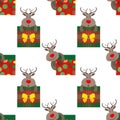 Vector cartoon reindeer with giftboxes seamless pattern background. Cute animal characters with square bow tied presents