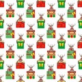 Vector cartoon reindeer with giftboxes seamless pattern background. Cute animal characters with square bow tied presents