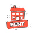 Vector cartoon rent house icon in comic style. Rent sign illustration pictogram. Rental business splash effect concept. Royalty Free Stock Photo