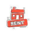 Vector cartoon rent house icon in comic style. Rent sign illustration pictogram. Rental business splash effect concept. Royalty Free Stock Photo