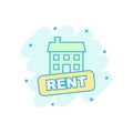 Vector cartoon rent house icon in comic style. Rent sign illustration pictogram. Rental business splash effect concept. Royalty Free Stock Photo