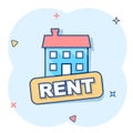 Vector cartoon rent house icon in comic style. Rent sign illustration pictogram. Rental business splash effect concept Royalty Free Stock Photo