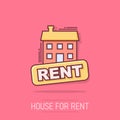 Vector cartoon rent house icon in comic style. Rent sign illustration pictogram. Rental business splash effect concept Royalty Free Stock Photo