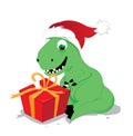 Cute and happy baby dinosaur sitting in front of a Christmas present