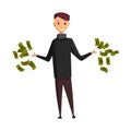 Vector cartoon rich people. Happy super rich successful businessman with huge green money bills pile. Very rich man Royalty Free Stock Photo