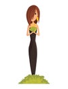 Vector cartoon rich people. Image of a funny young woman capitalist in a black dress with a bunch of money in the legs