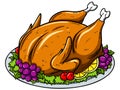 Vector cartoon roasted turkey on a plate with fruits Royalty Free Stock Photo