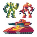 Vector cartoon robot guards, tank. Battle androids