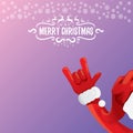 Vector cartoon rock n roll Santa Claus with calligraphic greeting text on night violet background with snowflakes. Merry