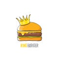 Vector cartoon royal king burger with cheese and golden crown icon isolated on white background. Royalty Free Stock Photo