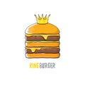 Vector cartoon royal king burger with cheese and golden crown icon isolated on white background. Royalty Free Stock Photo