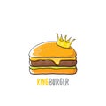 Vector cartoon royal king burger with cheese and golden crown icon isolated on white background. Royalty Free Stock Photo