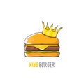 Vector cartoon royal king burger with cheese and golden crown icon isolated on white background. Royalty Free Stock Photo