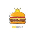 Vector cartoon royal king burger with cheese and golden crown icon isolated on white background.