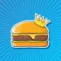 Vector cartoon royal king burger with cheese and golden crown sticker