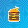 Vector cartoon royal king burger with cheese and golden crown sticker