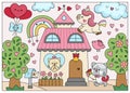 Vector cartoon Saint Valentine day scene with cat family, unicorn, rainbow, house. Cute kawaii colored outlined illustration with Royalty Free Stock Photo