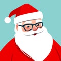 Vector cartoon Santa Claus character portrait illustration. Friendly smiling Santa wearing eyeglasses isolated on aqua blue.