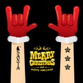 Vector cartoon Santa Claus rock n roll style with golden greeting text on black background with christmas star lights