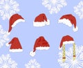 Vector Cartoon Santa Hats Set on Light Blue Frost Background with Snowflakes, Cut out Paper Art Style Illustrations. Royalty Free Stock Photo