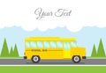 Vector illustration: Cartoon scene with flat school bus on road. Back to School. Royalty Free Stock Photo