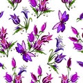 Vector cartoon seamless exotic pattern with butterfly and flower buds draw doodle style, linear pattern, for design fabric, scarfs Royalty Free Stock Photo