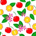 Vector cartoon seamless pattern with Acerola exotic fruits, flowers and leafs on white background Royalty Free Stock Photo