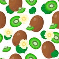 Vector cartoon seamless pattern with Actinidia chinensis or Kiwifruit exotic fruits flowers and leaf on white background