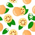 Vector cartoon seamless pattern with Aegle marmelos or Bael exotic fruits, flowers and leafs on white background