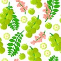 Vector cartoon seamless pattern with Antilles Gooseberry exotic fruits, flowers and leafs on white background