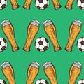 Vector cartoon seamless pattern of beer glass mug and soccer ball. Graphic texture for football pub. Royalty Free Stock Photo