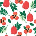 Vector cartoon seamless pattern with Blighia sapida or the Ackee exotic fruits, flowers and leafs on white background