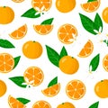 Vector cartoon seamless pattern with Calamondin or Citrofortunella exotic fruits, flowers and leafs on white background