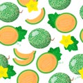 Vector cartoon seamless pattern with Cantalupensis or Cucumis melo exotic fruits, flowers and leafs on white background