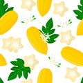 Vector cartoon seamless pattern with Carica pentagona or Babaco exotic fruits, flowers and leafs on white background