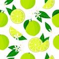 Vector cartoon seamless pattern with Citrus limetta or sweet lime exotic fruits, flowers and leafs on white background