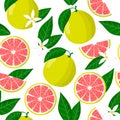 Vector cartoon seamless pattern with Citrus maxima or Pomelo exotic fruits, flowers and leafs on white background