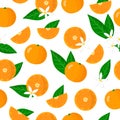 Vector cartoon seamless pattern with Citrus Mandarin orange exotic fruits, flowers and leafs on white background Royalty Free Stock Photo