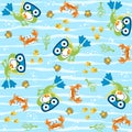 Seamless pattern with frog, fish and crab.