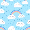 Vector cartoon seamless pattern with cute clouds, rainbow and rain drops on blue background Royalty Free Stock Photo